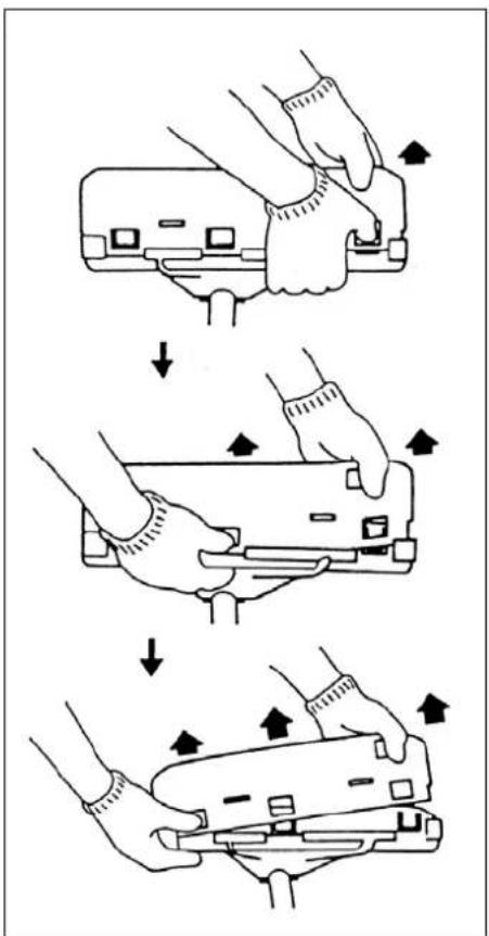 Diagram illustrating three-step mechanical assembly steps with arrows indicating direction of movement