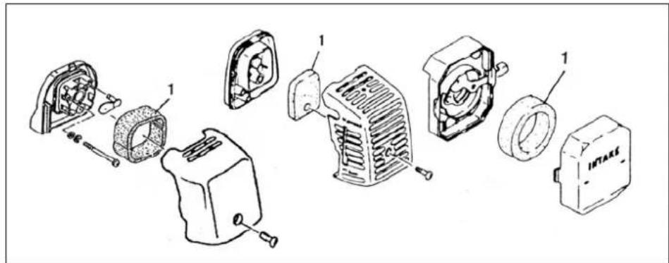 Exploded view diagram of an engine motor assembly with labeled parts including intake manifold, fan, and housing