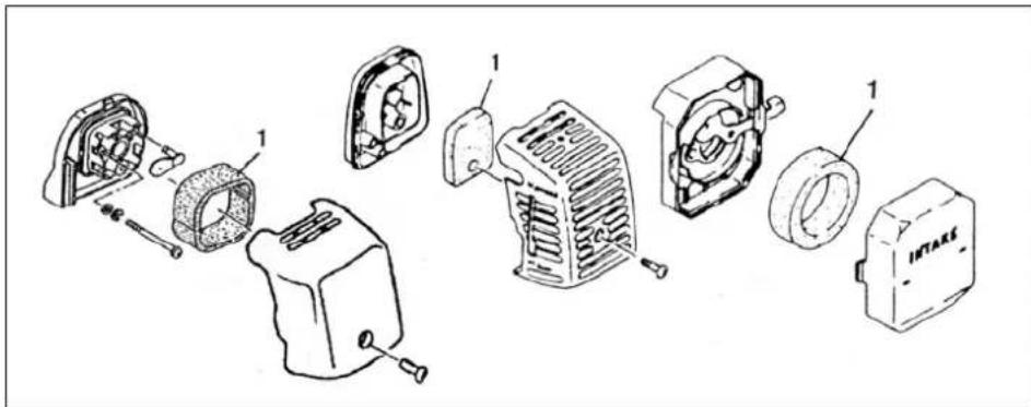 Exploded view diagram of an engine component with labeled parts including intake manifold, fan, and motor housing
