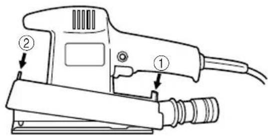 Technical diagram of a power tool with labeled parts ① and ②, showing mechanical components and wiring.