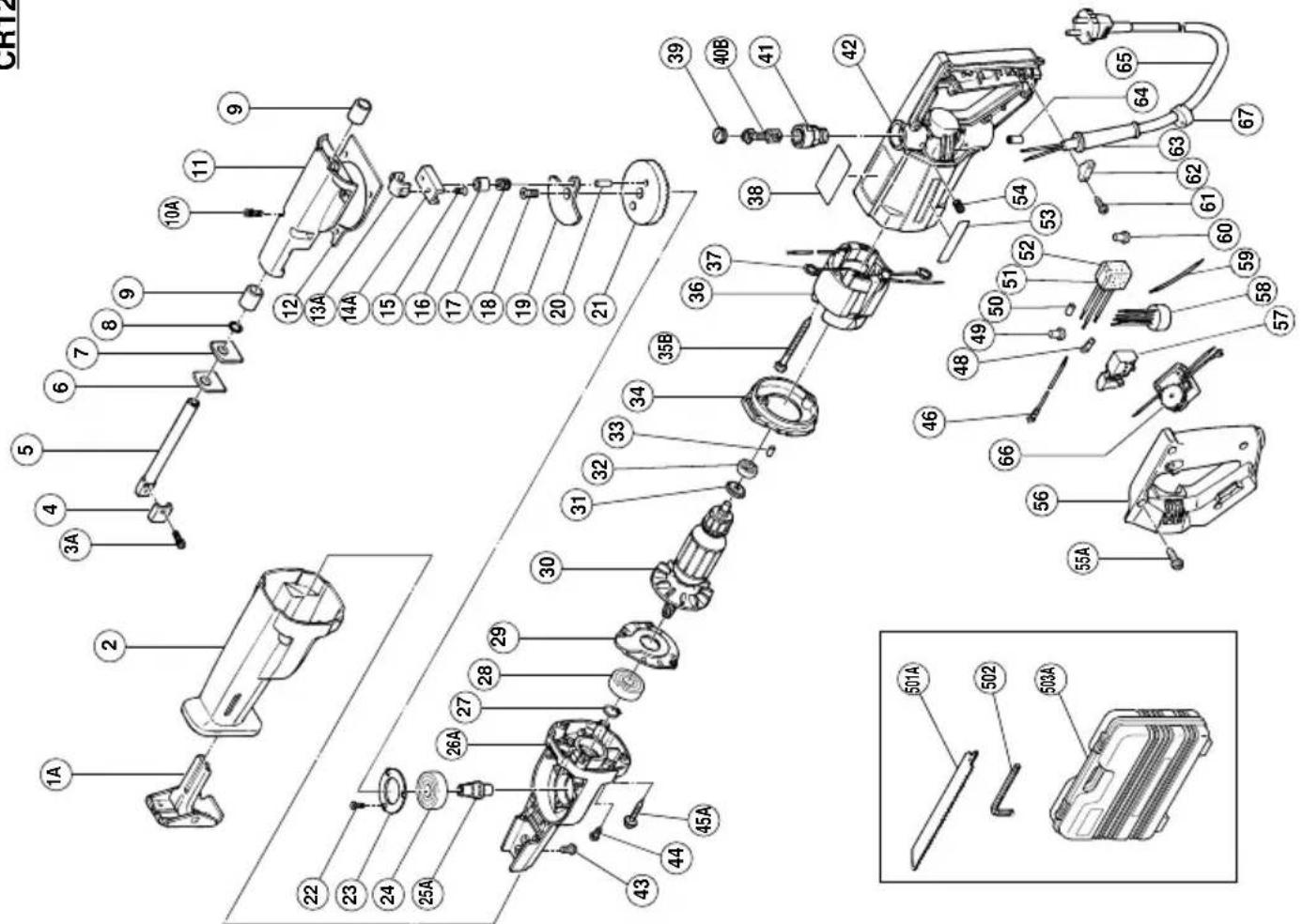 Exploded view diagram of a mechanical assembly with numbered parts and exploded view, including labeled components like 501A, 502, and 503A.
