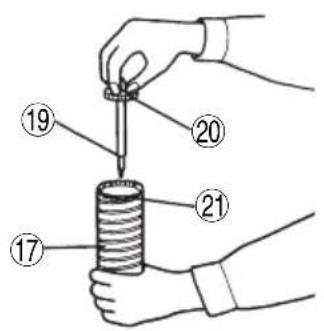 Diagram showing a hand holding a cylindrical object with numbered parts labeled 17, 19, 20, and 21.