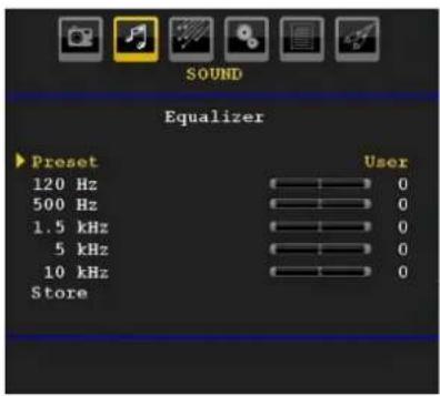 SOUND Equalizer Preset User 120 Hz 0 500 Hz 0 1.5 kHz 0 5 kHz 0 10 kHz 0 Store