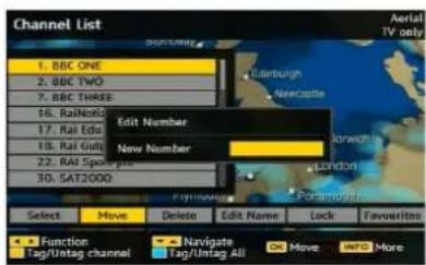 Channel List 1. BBC ONE 2. BBC TWO 7. BBC THREE 16. RaiNoo 17. Rai Eds 18. Rai Guts 22. Rai Spoolg 30. SAT2000 Edit Number New Number F Preferences Select Move Delete Edit Name Lock Favourite • Function Tag/Untag channel Navigats Tag/Untag All OK Move Add More Aerial TV only