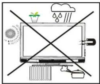 Weather warning illustration showing a computer monitor with raindrops, sun, and a plant, crossed out by a diagonal line.