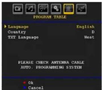 PROGRAM TABLE Language English Country D TXT Language West PLEASE CHECK ANTENNA CABLE AUTO. PROGRAMMING SYSTEM Ok Cancel