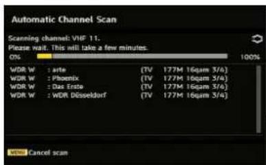 Automatic Channel Scan Scanning channel: VHF 11. Please wait. This will take a few minutes. 0% WDR W : arte (TV 177M 16µm 3/4) WDR W : Phoenix (TV 177M 16µm 3/4) WDR W : Das Erste (TV 177M 16µm 3/4) WDR W : WDR Dösseldorf (TV 177M 16µm 3/4) OK Cancel scan