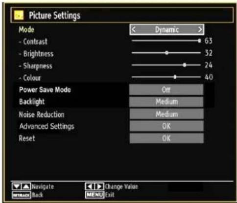 Picture Settings Mode - Contrast - Brightness - Sharpness - Colour Power Save Mode Backlight Noise Reduction Advanced Settings Reset Dynamic 63 32 24 40 Off Medium Medium OK OK