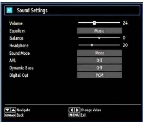 Sound Settings Volume 24 Equalizer Music Balance 0 Headphone 20 Sound Mode Mono AVL Off Dynamic Bass Off Digital Out PCM Navigate RETRACK Back Change Value MENU Exit