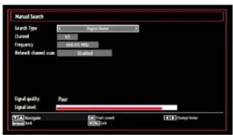 Manual Search Search Type: ( Digital Audio ) Channel: 6.5 Frequency: 164.00 MHz Network channel scan: Enabled Signal quality: Poor Signal level: WAVE Navigate Start search Change Value BLOG/CHK WINS/ARB