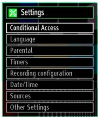 Settings Conditional Access Language Parental Timers Recording configuration Date/Time Sources Other Settings