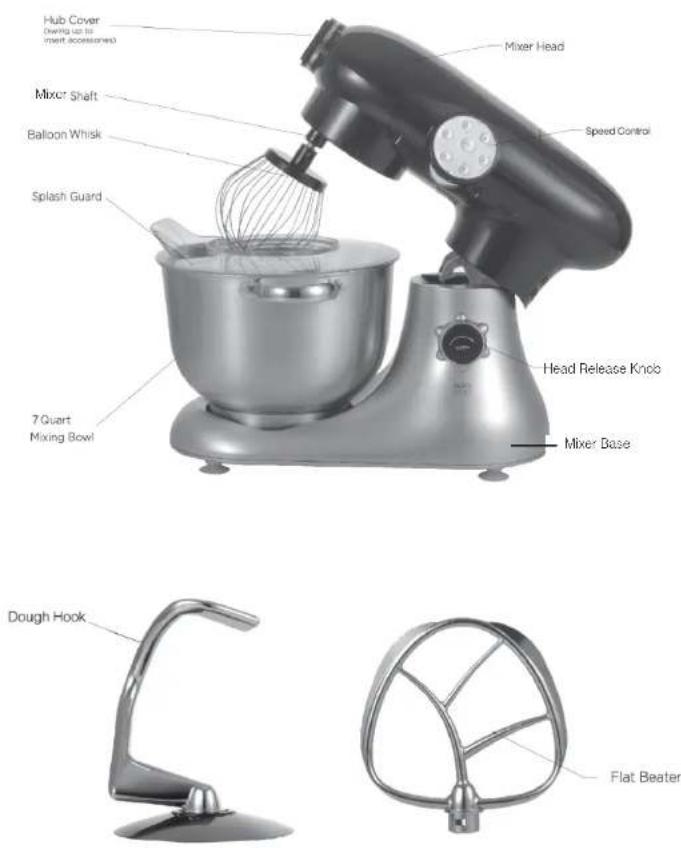 Hub Cover (over up to (ment accessories)) Mixer Head Speed Control Mixor Shaft Balloon Whisk Splash Guard Head Release Knee 7 Quart Mixing Bowl Mixer Base Dough Hook Flat Beater