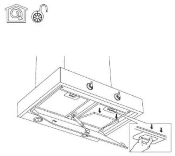 Technical diagram of a kitchen appliance with labeled parts and an inset showing hand cleaning steps