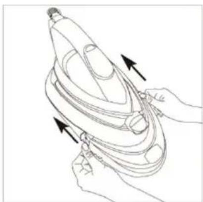 Line drawing of hands holding a mechanical component with arrows indicating motion (no text or symbols)