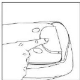 Line drawing of a hand pressing a button on a device (no text or symbols).
