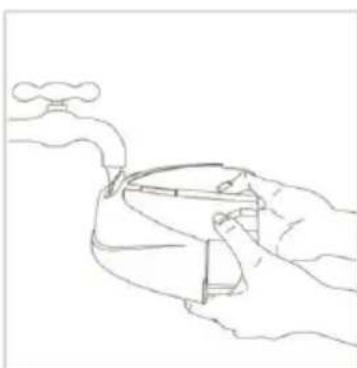 Line drawing of a hand holding a water tap with a valve (no text or symbols).