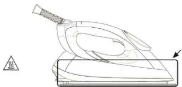 Line drawing of a steam iron on a flat surface, with a warning symbol and arrow indicating the iron (no text or labels present).