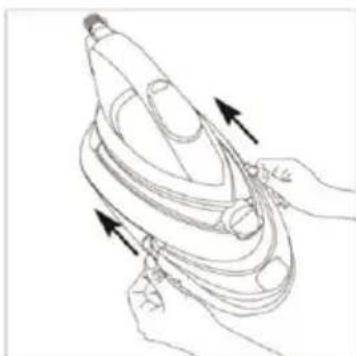 Line drawing of hands holding a large iron iron, with arrows indicating force direction (no text or symbols).