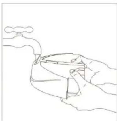 Line drawing of hands holding a water tap with a container (no text or symbols)
