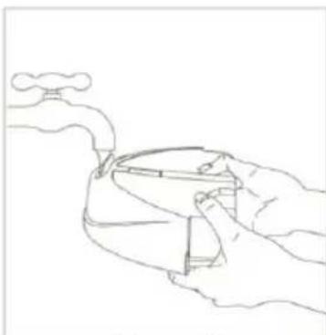Line drawing of a hand holding a water tap with a valve (no text or symbols)