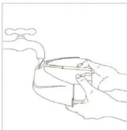 Line drawing of a hand holding a water tap with a valve (no text or symbols).