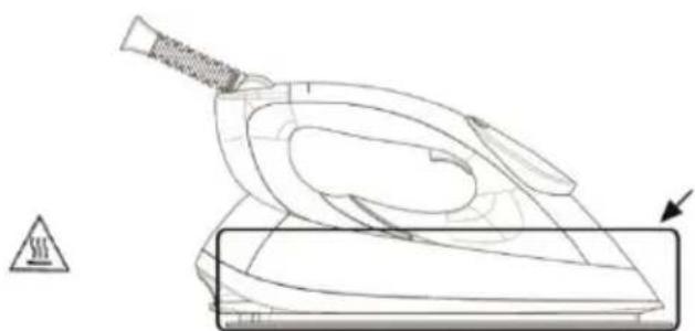 Line drawing of a steam iron on a base, with warning symbol and arrow (no text or labels).