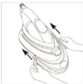 Line drawing of hands holding a steam iron with arrows indicating motion (no text or symbols).