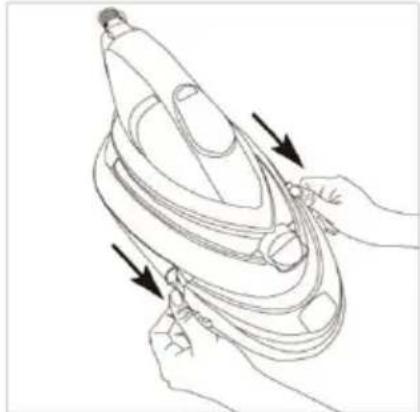 Line drawing of hands using a hairdryer to lift a device, with arrows indicating motion (no text or symbols)