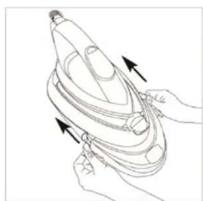Line drawing of hands holding a device with arrows indicating motion or assembly (no text or symbols)