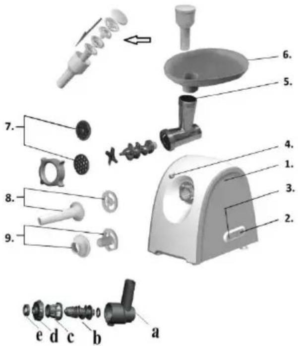 Exploded view diagram of a kitchen appliance with numbered parts for identification