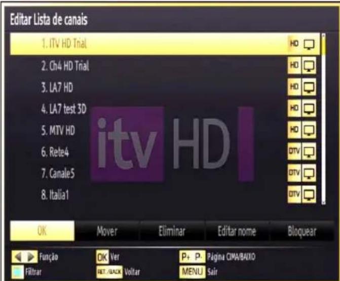 Editar Lista de canais 1. ITV HD Trial 2. Ch4 HD Trial 3. LA7 HD 4. LA7 test 3D 5. MTV HD 6. Rete4 7. Canale5 8. Italia1 itv HD OK Mover Eliminar Editar nome Bloquear Função OK Ver P+ P- Página CIMA/BAIXO Filtrar RET./BACK Volter MENU Sair
