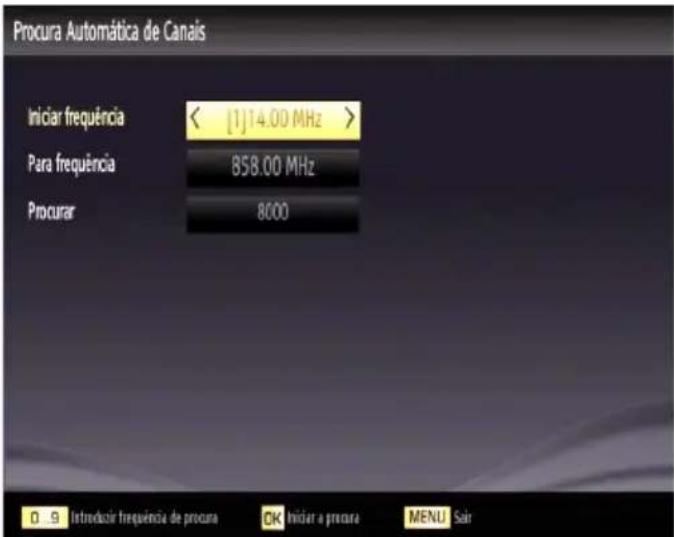 Procura Automática de Canais Iniciar frequência < [1]14.00 MHz > Para frequência 858.00 MHz Procurar 8000 0 9 Introducir frequência de procura OK Iniciar a procura MENU Sair