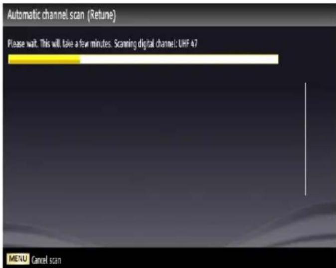 Automatic channel scan (Retune) Please wait. This will take a few minutes. Scanning digital channel: UHF 47 MENU Cancel scan