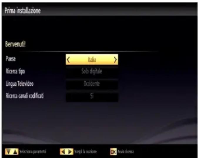 Prima installazione Benvenutiti Paese < Italia > Ricerca tipo Solo digitale Lingua Televideo Occidente Ricerca canali codificati Si Seleziona parametali Scegli la nazione Avvio ricerca