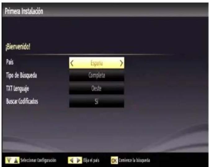 Primera Instalación ¡Bienvenido! País < España > Tipo de Búsqueda Completa TXT Lenguaje Oeste Buscar Codificados Si ▼ Selectúncar Configuración ▶ Etija el país OK Comience la búsqueda