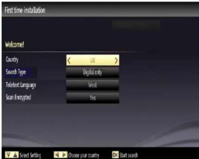 First time installation Welcome! Country Search Type Digital only Teletext Language West Scan Encrypted Yes Select Setting Choose your country OK Start search