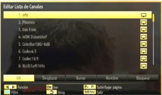 Editar Lista de Canales 1. arte 2. Phoenix 3. Das Erste 4. WDR Düsseldorf 5. ColorBar100/-6dB 6. Codec4:3 7. Codec16:9 8. BLUE/Left1kHz OK Desplazar Borrar Nombre Bloquear Función OK Ver P+ P Subir/bajar página Filtro Atras MENU Salir