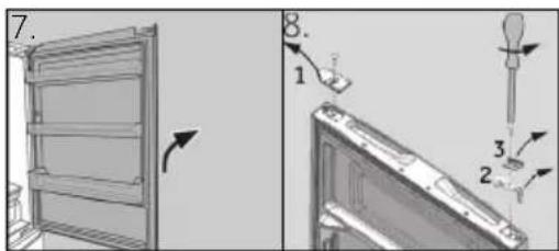 Technical diagram showing a door frame assembly with numbered parts and directional arrows indicating motion or assembly.