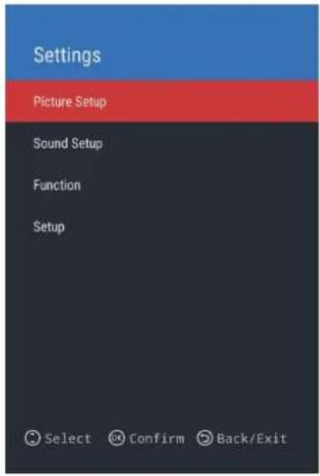 Settings Picture Setup Sound Setup Function Setup Select Confirm Back/Exit