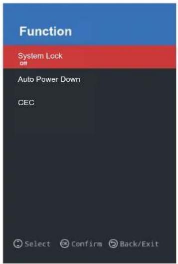 Function System Lock Off Auto Power Down CEC Select Confirm Back/Exit
