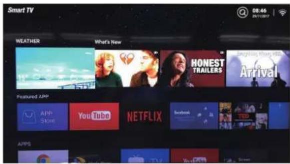 Smart TV 08:46 29/11/2017 WEATHER What's New HONEST TRAILERS Arrival Featured APP APP Store YouTube NETFLIX Facebook TBD APPS