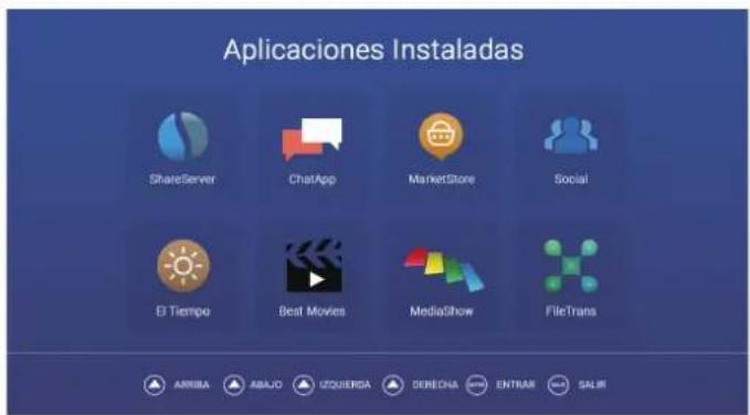 Aplicaciones Instaladas ShareServer ChatApp MarketStore Social El Tiempo Best Movies MediaShow FileTrans