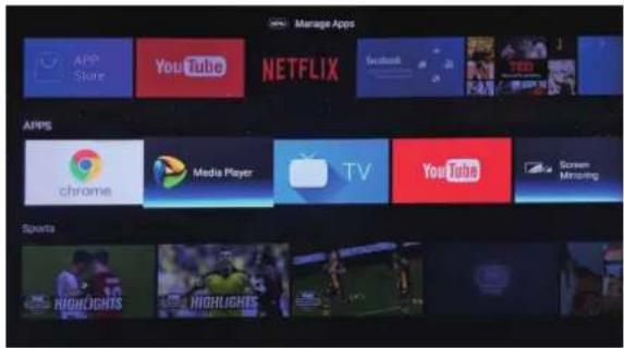 Manage Apps APP Store YouTube NETFLIX Facebook TBD APPS chrome Media Player TV YouTube Screen Mining Sports HIGHLIGHTS HIGHLIGHTS