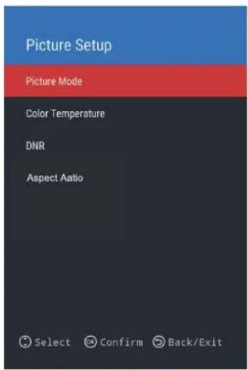 Picture Setup Picture Mode Color Temperature DNR Aspect Aatio Select Confirm Back/Exit