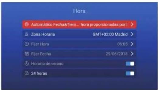 Hora Automático Fecha&Tiem... hora proporcionadas por | Zona Horaria GMT+02:00 Madrid > Fijar Hora 06:05 > Fijar Fecha 29/06/2018 > Horario de verano 24 horas