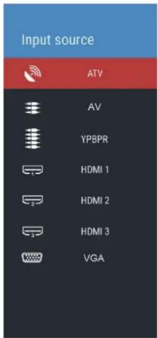 Input source ATV AV YPBPR HDMI 1 HDMI 2 HDMI 3 VGA