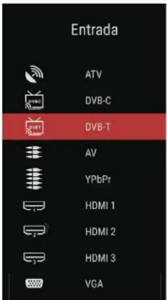 Entrada ATV DVB-C DVB-T AV YPbPr HDMI 1 HDMI 2 HDMI 3 VGA