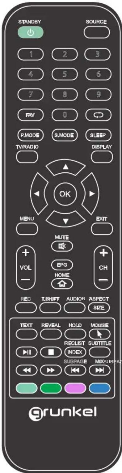 STANDBY SOURCE 1 2 3 4 5 6 7 8 9 RW 0 P,MODE S,MODE SLEEP TV/RADIO DISPLAY MENU EXIT MUTE + EPG + VOL HOME CH REC T.SHIFT AUDIOR ASPECT SIZE TEXT REVEAL HOLD MOUSE RECLIST SUBTITLE II INDEX SUBPAGE MDSUBPAGE grunkel