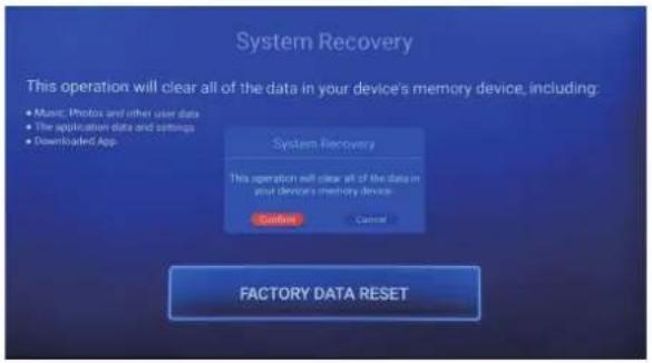 System Recovery This operation will clear all of the data in your device's memory device, including: • Music, Photos and other user data • The application data and settings • Downloaded App. System Recovery This operation will clear all of the data in your device's memory device Custom Cancel FACTORY DATA RESET