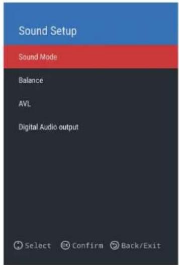 Sound Setup Sound Mode Balance AVL Digital Audio output Select Confirm Back/Exit